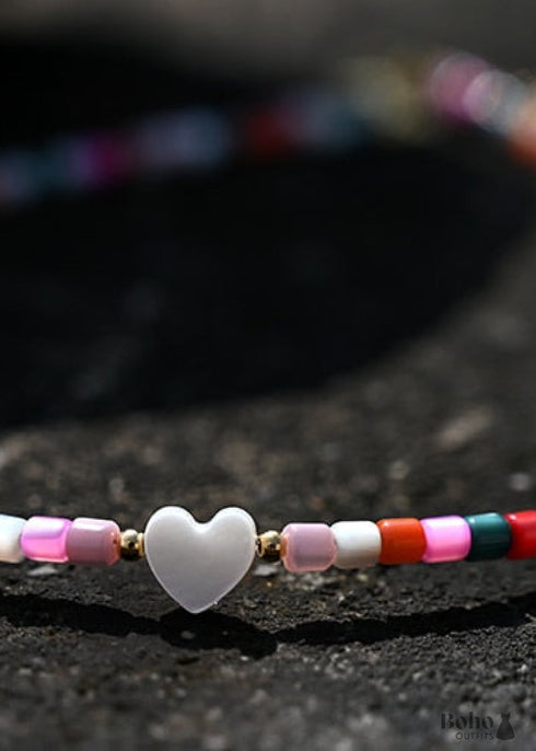 Boho Necklace, Seed Bead Choker, Pearl Heart